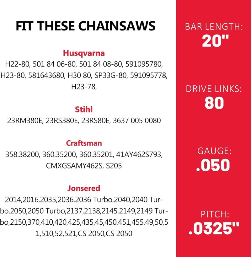 ES 3 Pack 20 Inch Chainsaw Chain .325" Pitch .050" Gauge 80 Drive Links Semi-Chisel Chain Saw Chains for Husqvarna, Poulan, Craftsman, Greenworks and More Chainsaw Brands - Image 4